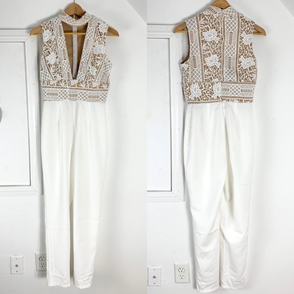 Missguided White Lace Deep V Neck Jumpsuit